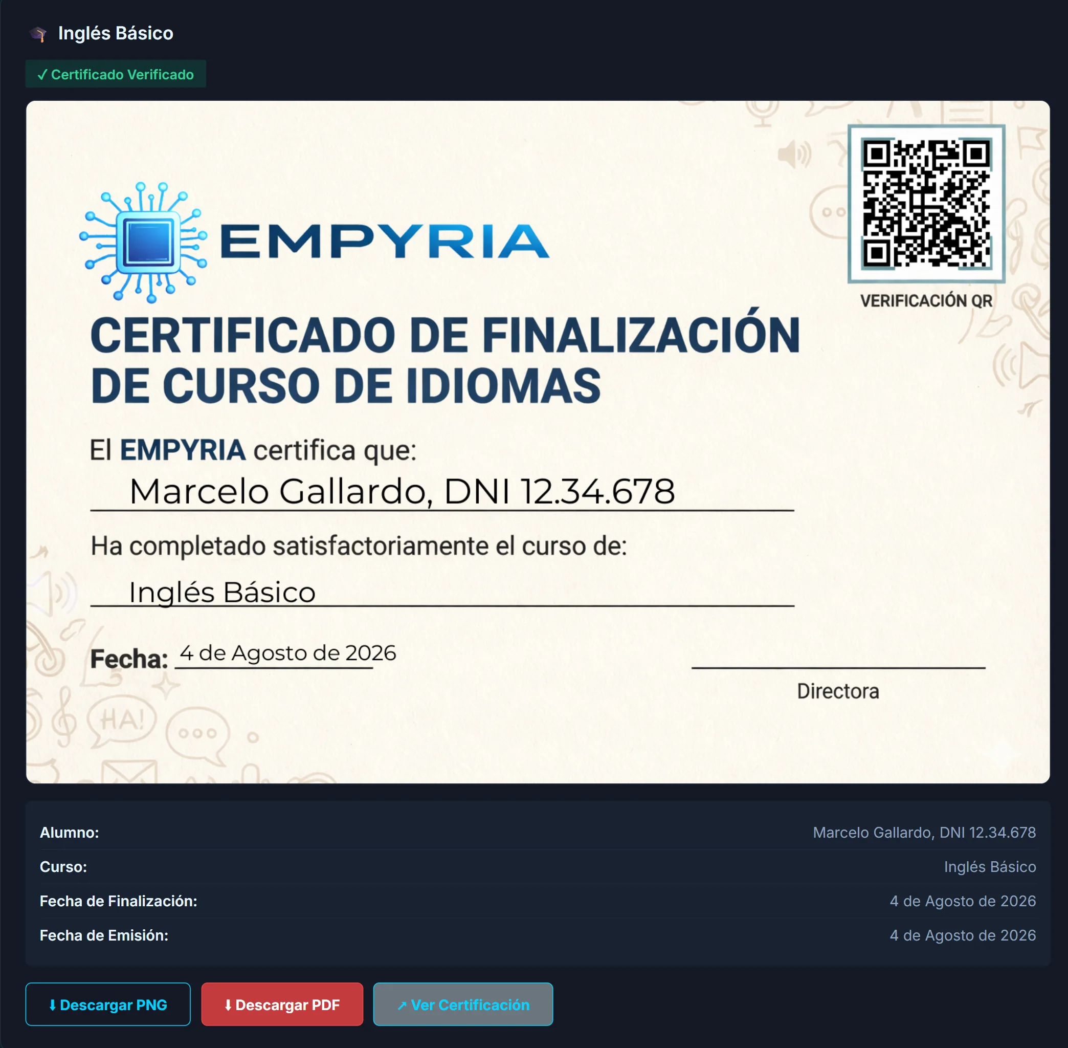 Certificado emitido dentro del campus del alumno, con su QR de verificación