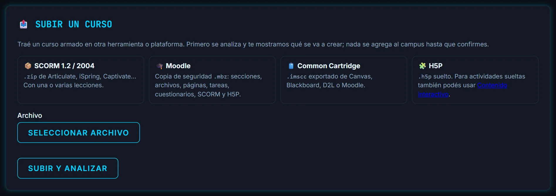 Importador de cursos: SCORM, Moodle, Common Cartridge y H5P