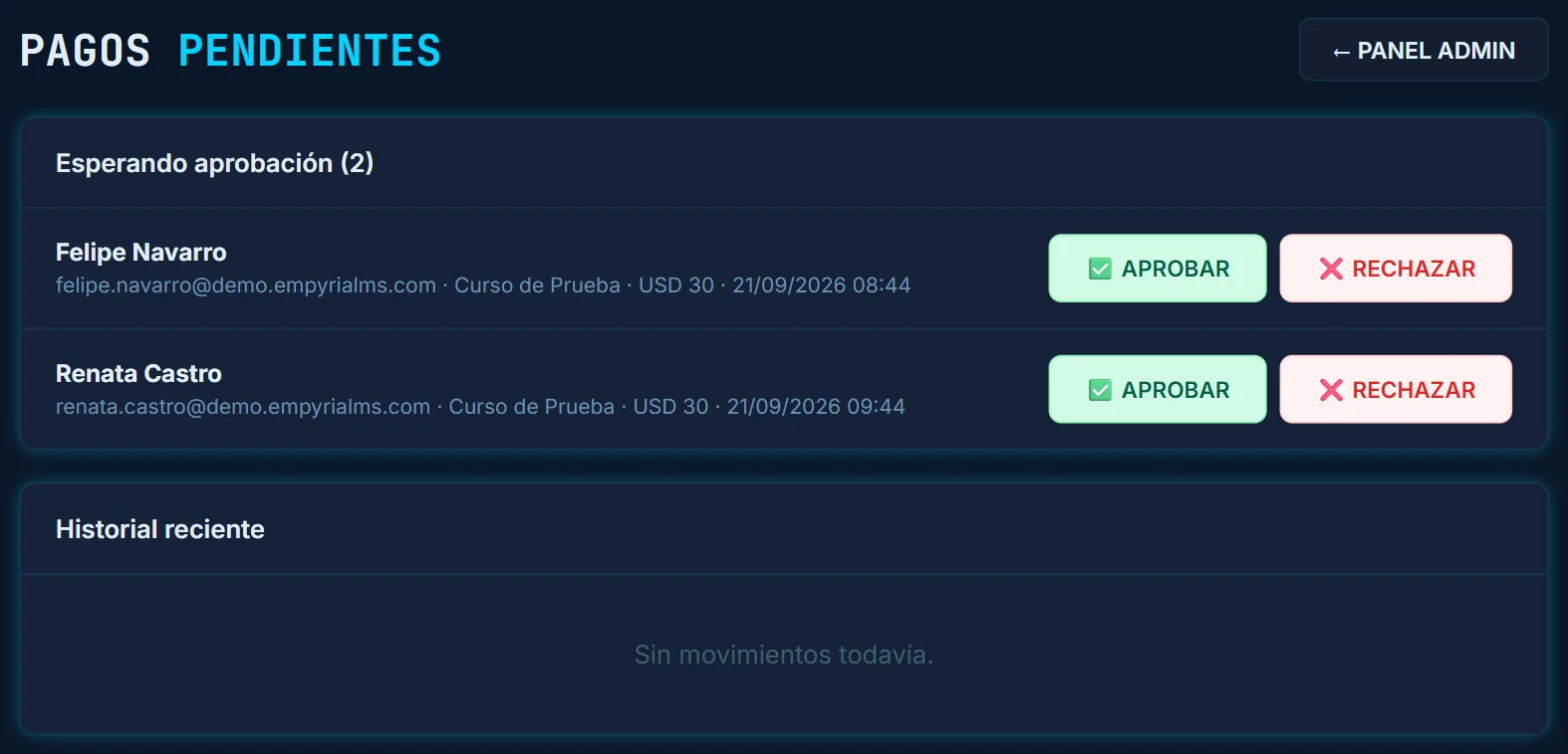 Pagos por transferencia esperando aprobación, con botones para aprobar o rechazar