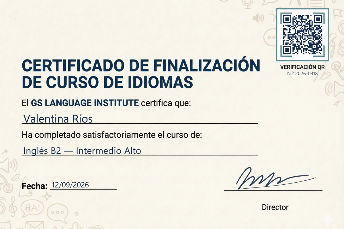 Certificado de ejemplo de un curso de inglés, con código QR de verificación